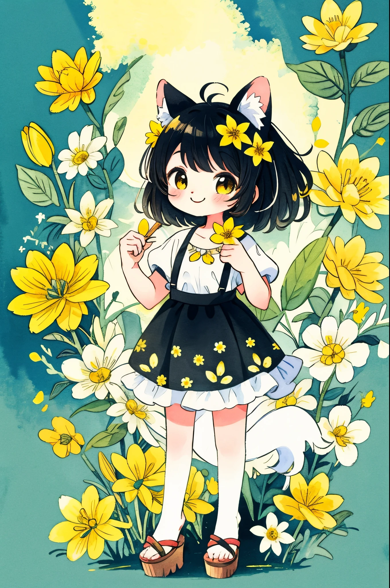 monochrome, watercolor, highres, top quality, best quality, paid reward available, High-quality illustrations, unparalleled masterpiece, perfect artwork, absurdres, 1girl, kemono, furry, detailed body fur, animal face, animal hand, Archaic Smile, holding a cluster of yellow flower in both hands, which are positioned at chest level, She is wearing a simple ring on the ring finger of her left hand, unfocused spread of yellow flower, fan-created work shared on platforms Pixiv or Twitter,
