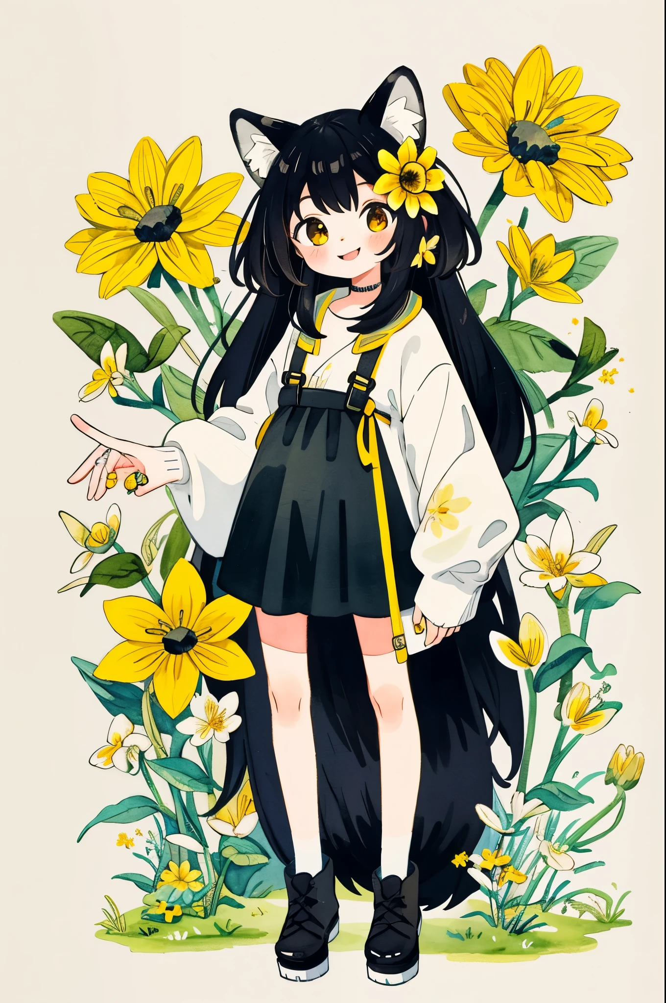 monochrome, watercolor, highres, top quality, best quality, paid reward available, High-quality illustrations, unparalleled masterpiece, perfect artwork, absurdres, 1girl, kemono, furry, detailed body fur, animal face, animal hand, Archaic Smile, holding a cluster of yellow flower in both hands, which are positioned at chest level, She is wearing a simple ring on the ring finger of her left hand, unfocused spread of yellow flower, fan-created work shared on platforms Pixiv or Twitter,