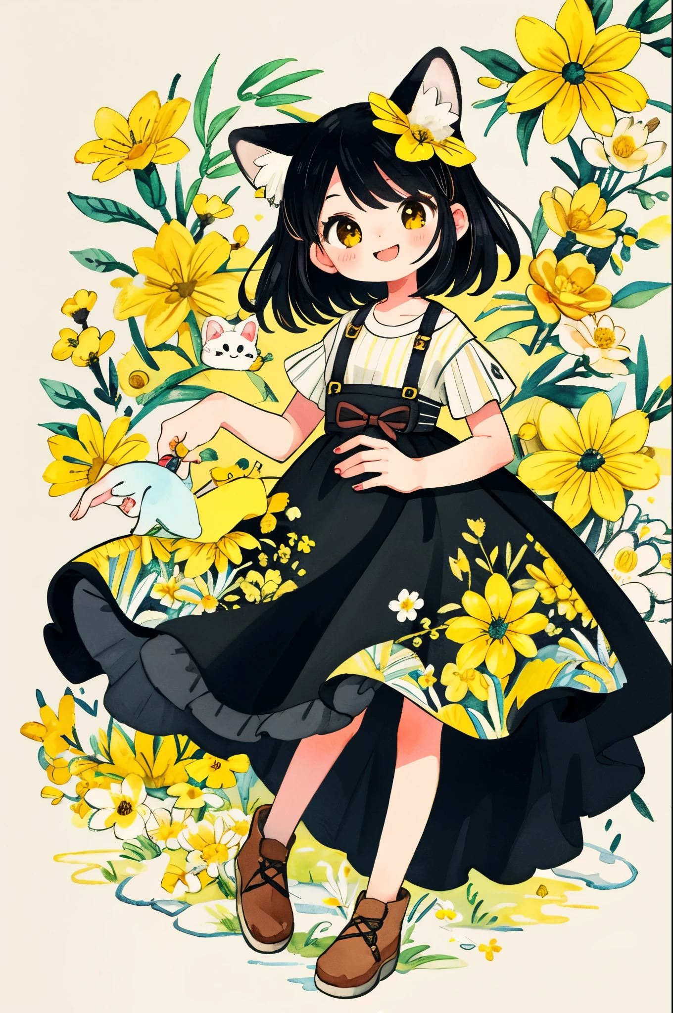 monochrome, watercolor, highres, top quality, best quality, paid reward available, High-quality illustrations, unparalleled masterpiece, perfect artwork, absurdres, 1girl, kemono, furry, detailed body fur, animal face, animal hand, Archaic Smile, holding a cluster of yellow flower in both hands, which are positioned at chest level, She is wearing a simple ring on the ring finger of her left hand, unfocused spread of yellow flower, fan-created work shared on platforms Pixiv or Twitter,