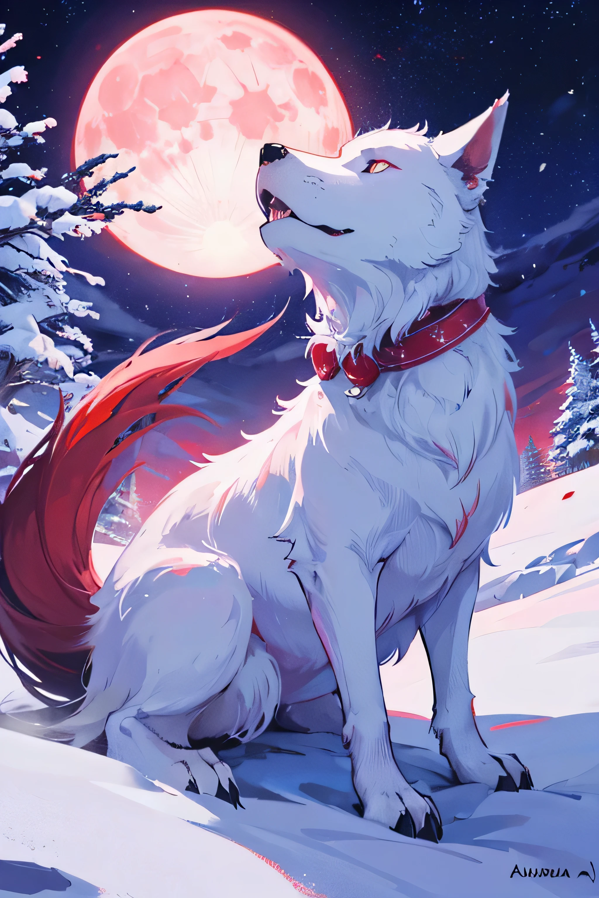 A wolve howling at the moon on a snowy mountain ridge with red aura theme