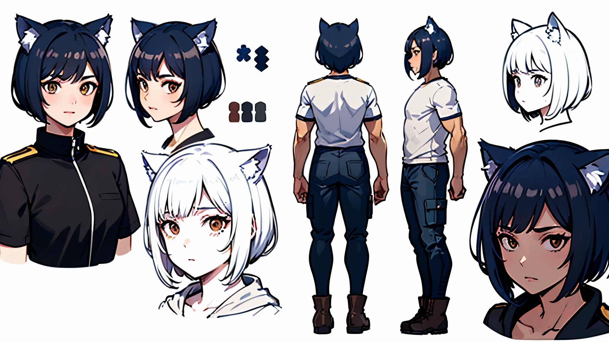 (Masterpiece, best quality), detailed, ((character concept art)), ((character design sheet, same character, front, side, back)), many items, (1man, (monstergirl, wolfboy), t-shirt, cargo pants, military boots, many parts), (light skin color:1), (brown eyes), detailed face, random expressions, (athletics & muscular physical form), (wolf features, wolf tail, wolf ears:1), black hair color, detailed hair, short military style haircut, full of details, (simple background, white background: 1.3)