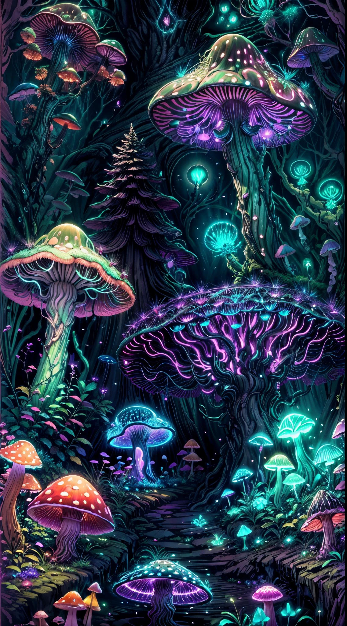 (Melhor qualidade,4K,8k,high resolution,obra de arte:1.2),ultra-detalhado,(realista,photorealista,photo-realista:1.37),cogumelo bioluminescente gigante,magic mushroom forest,borboletas,vagalumes,cogumelo vibrante colorido,atmosfera da floresta,lush vegetation,Brilho misterioso,luzes cintilantes,atmosfera encantada,Ethereal beauty,magia no ar,cena ao ar livre,peaceful,sereno,sonhe como,Fantasia,mythical,sobrenatural,maravilha natural,flora e fauna,brilho bioluminescente,iluminado,magic essence,criaturas misteriosas,ethereal glow,esporos de cogumelos,ecossistema brilhante,intricate patterns,pontos brilhantes de luz,weak fluorescence,cogumelos suavemente brilhantes,creating a mesmerizing display,escuro e misterioso,tesouros escondidos,Luminoso,iluminando os arredores,cena noturna tranquila,encantamento noturno,fungos coloridos,soft pastel tones,raios de luar iluminando a floresta,mystic energy,Biological wonder.