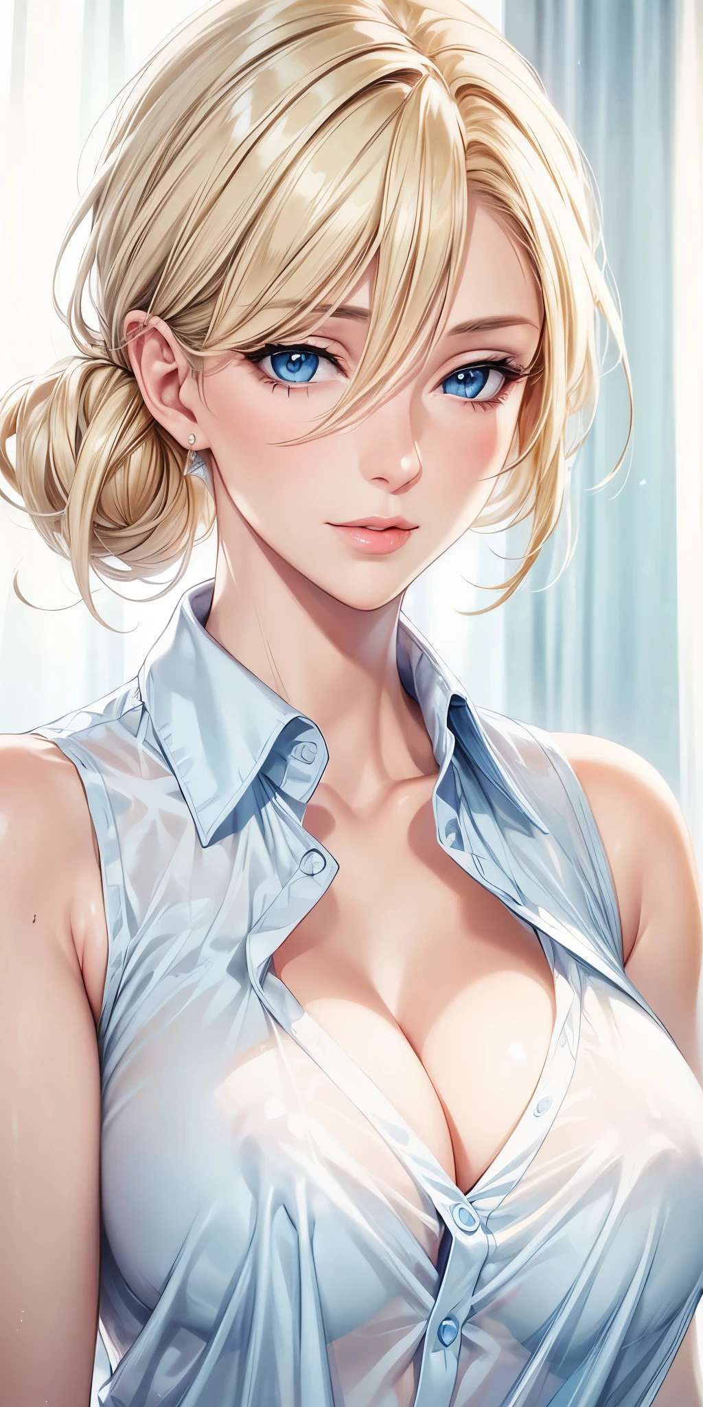 portrait, realistic, elegant mature woman, blue eyes, blonde hair, big breast, see through nipple, 4k resolution, beautiful cg, soft light