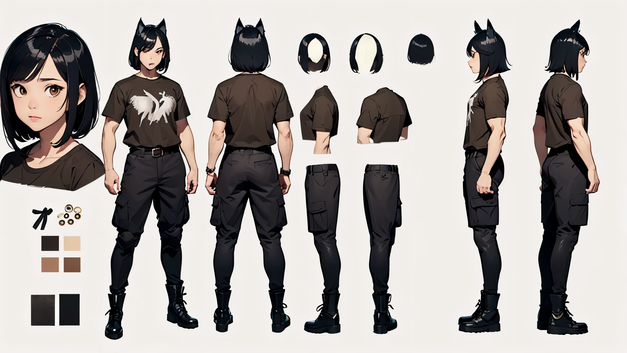 (Masterpiece, best quality), detailed, ((character concept art)), ((character design sheet, same character, front, side, back)), many items, (1man, (monstergirl, wolfboy), t-shirt, cargo pants, military boots, many parts), (light skin color:1), (brown eyes), detailed face, random expressions, (athletics & muscular physical form), (wolf features, wolf tail, wolf ears:1), black hair color, detailed hair, short military style haircut, full of details, (simple background, white background: 1.3)