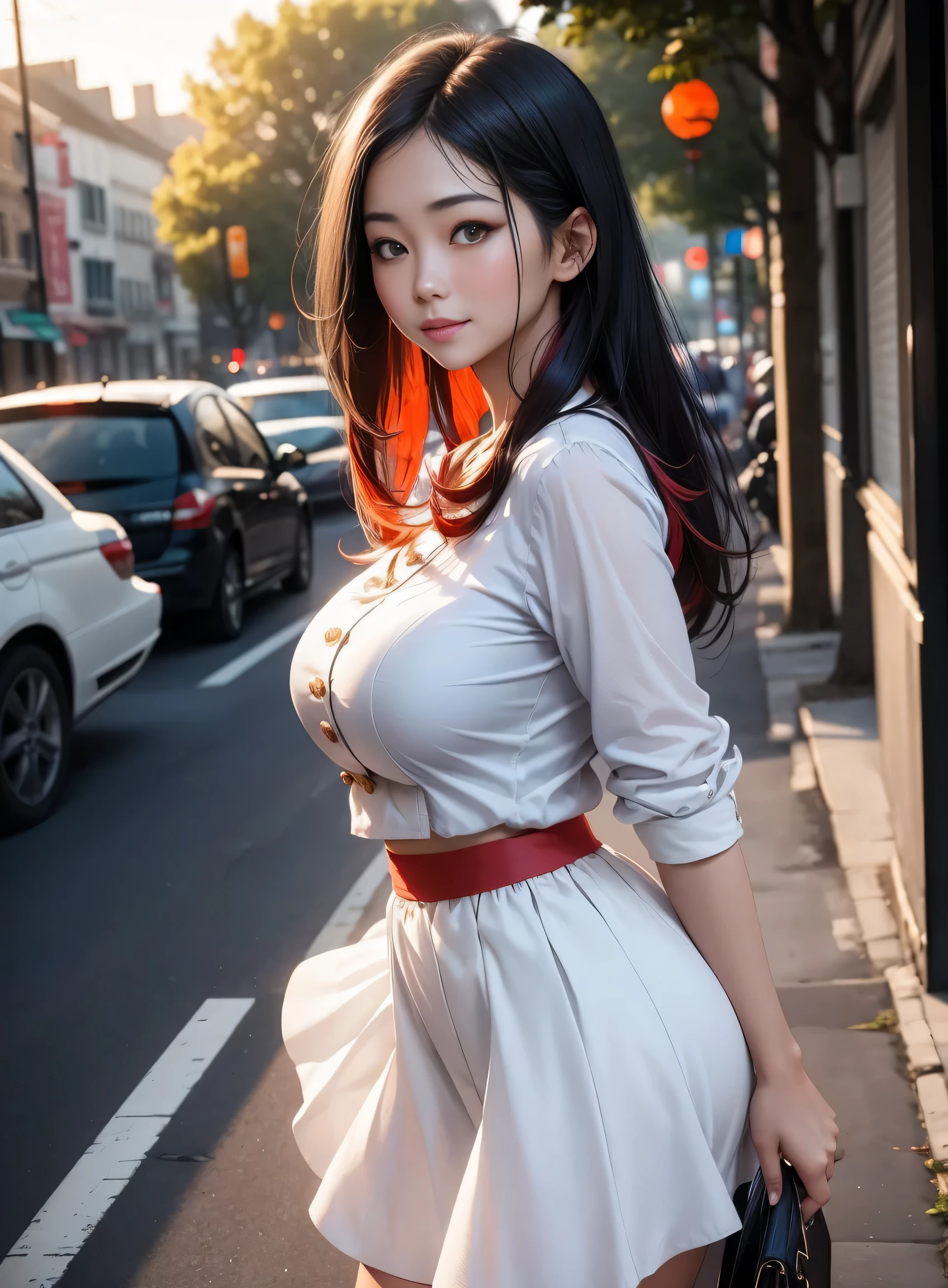 sfw, Realistic, 1 girl, black hair with red highlights, red eyes, shining eyes, smile, white ruffled shirt, skirt, parted lips, blush, daylight, sunlight, white skirt, long skirt, medium length hair, realistic, warm color, cleavage, white clothes, looking up angle, bright cityscape, tree-lined street, wearing bra,((skinny waist)), young asian girl, ((big breasted)),