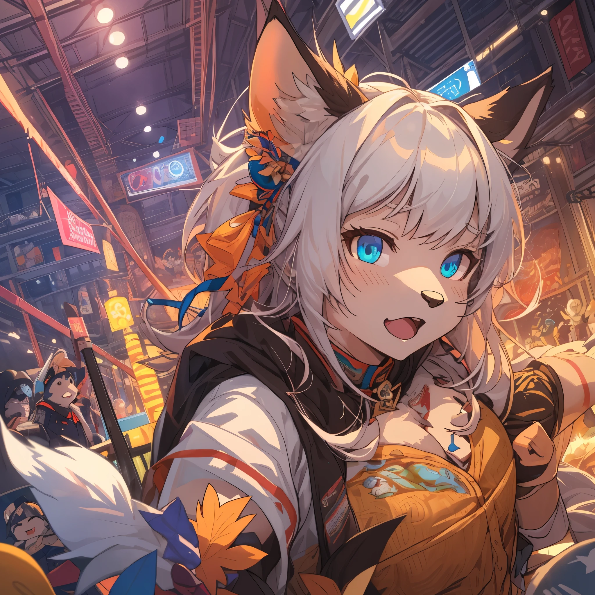 top quality, best quality, High-quality illustrations, masterpiece, super high resolution, detailed background, detailed background, circus, colorful light, Acrobat, stage, group shot:0.1, 6+boys, 6+girls, Happy, joyful, absurdres(highly detailed beautiful face and eyes)perfect anatomy(kemono, furry anthro)selfie:0.1,