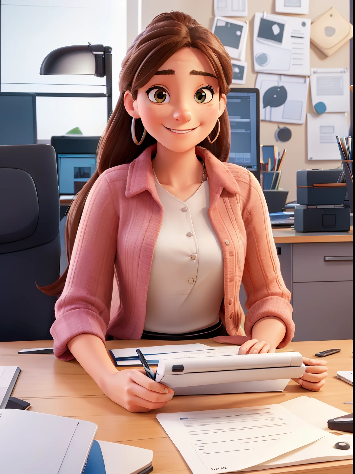 smiling woman sitting at a desk with a tablet computer and notebook, professional artwork, sitting at desk, sitting at a desk, candid portrait, candid portrait photo, sitting behind desk, an artistic pose, in front of a computer, sat at her desk, sitting on a desk, outstanding detail, young business woman, sitting at desk at keyboard, professional image