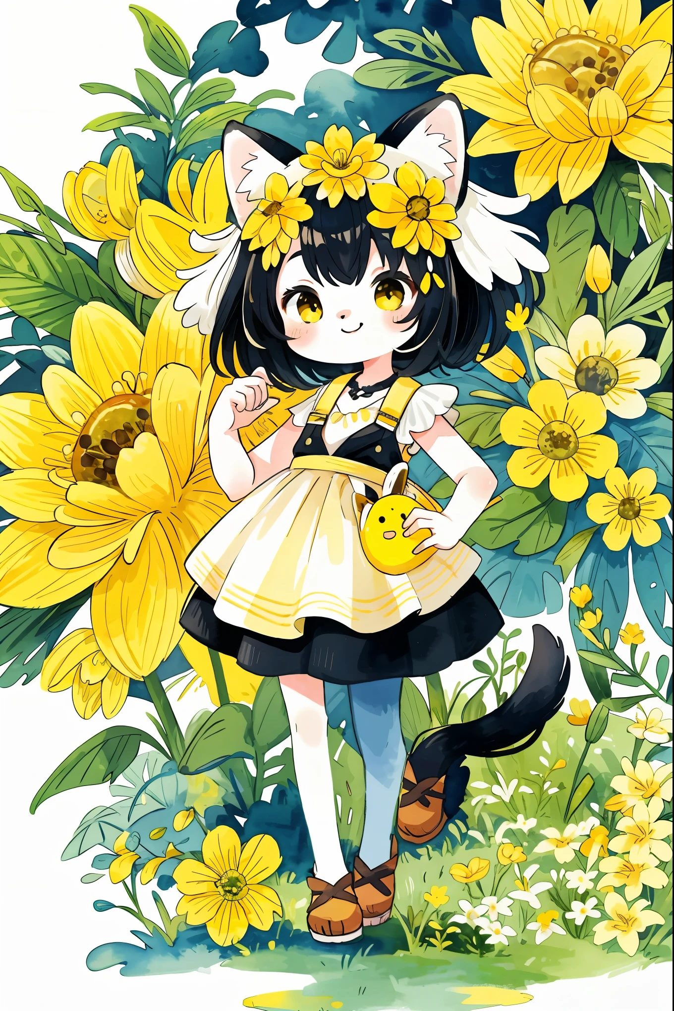 monochrome, watercolor, highres, top quality, best quality, paid reward available, High-quality illustrations, unparalleled masterpiece, perfect artwork, absurdres, 1girl, kemono, furry, detailed body fur, animal face, animal hand, Archaic Smile, holding a cluster of  yellow flower in both hands, which are positioned at chest level, She is wearing a simple ring on the ring finger of her left hand, unfocused spread of yellow flower, fan-created work shared on platforms Pixiv or Twitter,