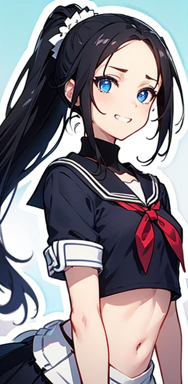 Realistic、1girl、black hair、(forehead:1.3),blue eyes、open stance,(ponytail),(eye focus:1.3,upper body),(gradient eyes:1.3), JK: 1.1,(sailor uniform
)、(grin:1.3),cute face、,(tareme:1.3),(small breasts:1.3),(colorful fluorescence background:1.3),colorful fluorescence
