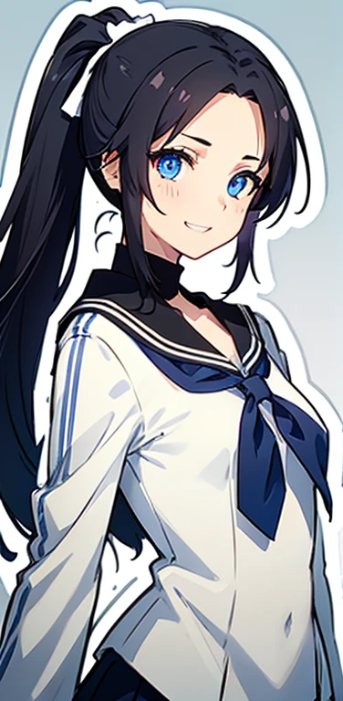 Realistic、1girl、black hair、(forehead:1.3),blue eyes、open stance,(ponytail),(eye focus:1.3,upper body),(gradient eyes:1.3), JK: 1.1,(sailor uniform
)、(grin:1.3),cute face、,(tareme:1.3),(small breasts:1.3),(colorful fluorescence background:1.3),colorful fluorescence
