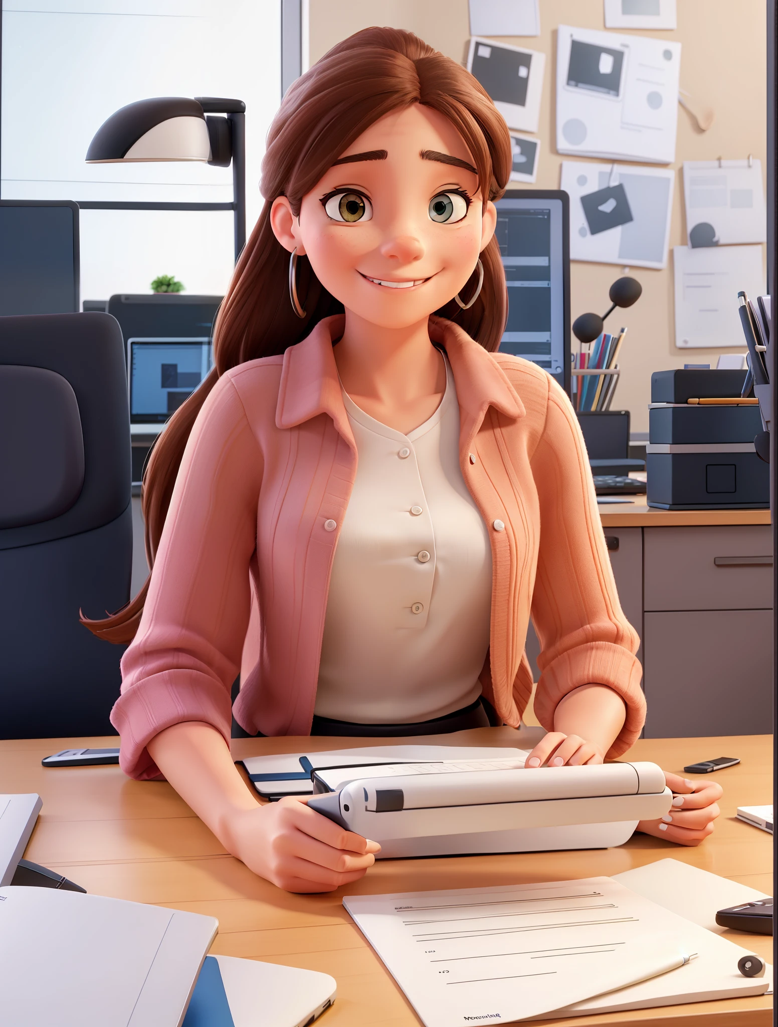 smiling woman sitting at a desk with a tablet computer and notebook, professional artwork, sitting at desk, sitting at a desk, candid portrait, candid portrait photo, sitting behind desk, an artistic pose, in front of a computer, sat at her desk, sitting on a desk, outstanding detail, young business woman, sitting at desk at keyboard, professional image