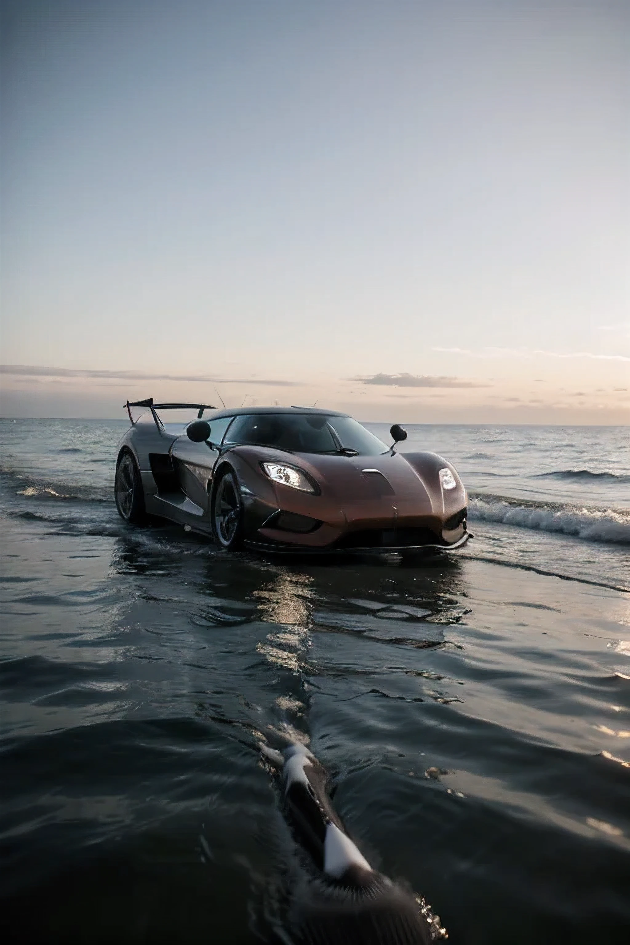 A koenigsegg walking on water in the middle of the ocean sideways