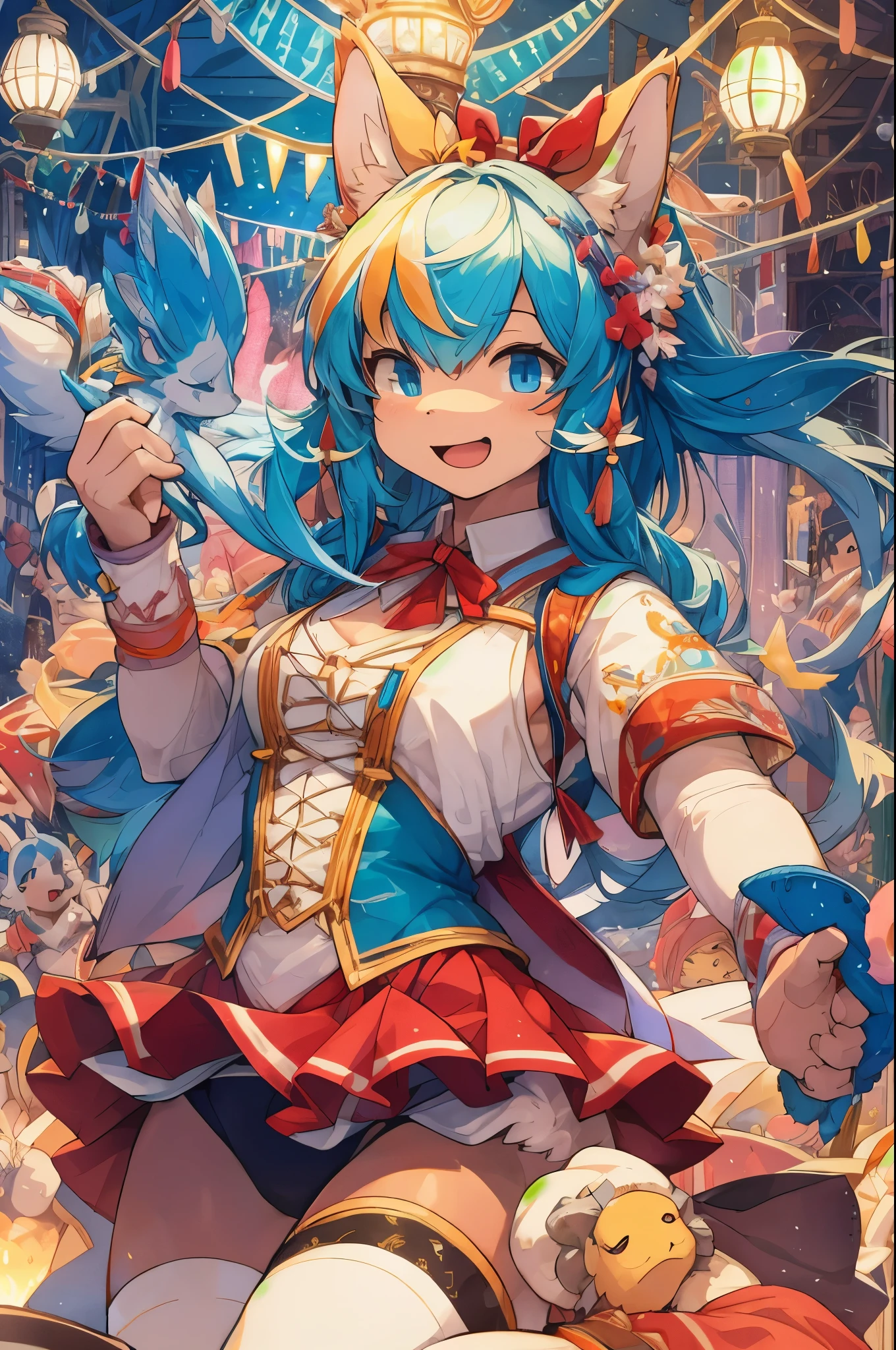 top quality, best quality, High-quality illustrations, masterpiece, super high resolution, detailed background, detailed background, circus, colorful light, Acrobat, stage, group shot:0.1, 6+boys, 6+girls, Happy, joyful, absurdres(highly detailed beautiful face and eyes)perfect anatomy(kemono, furry anthro),