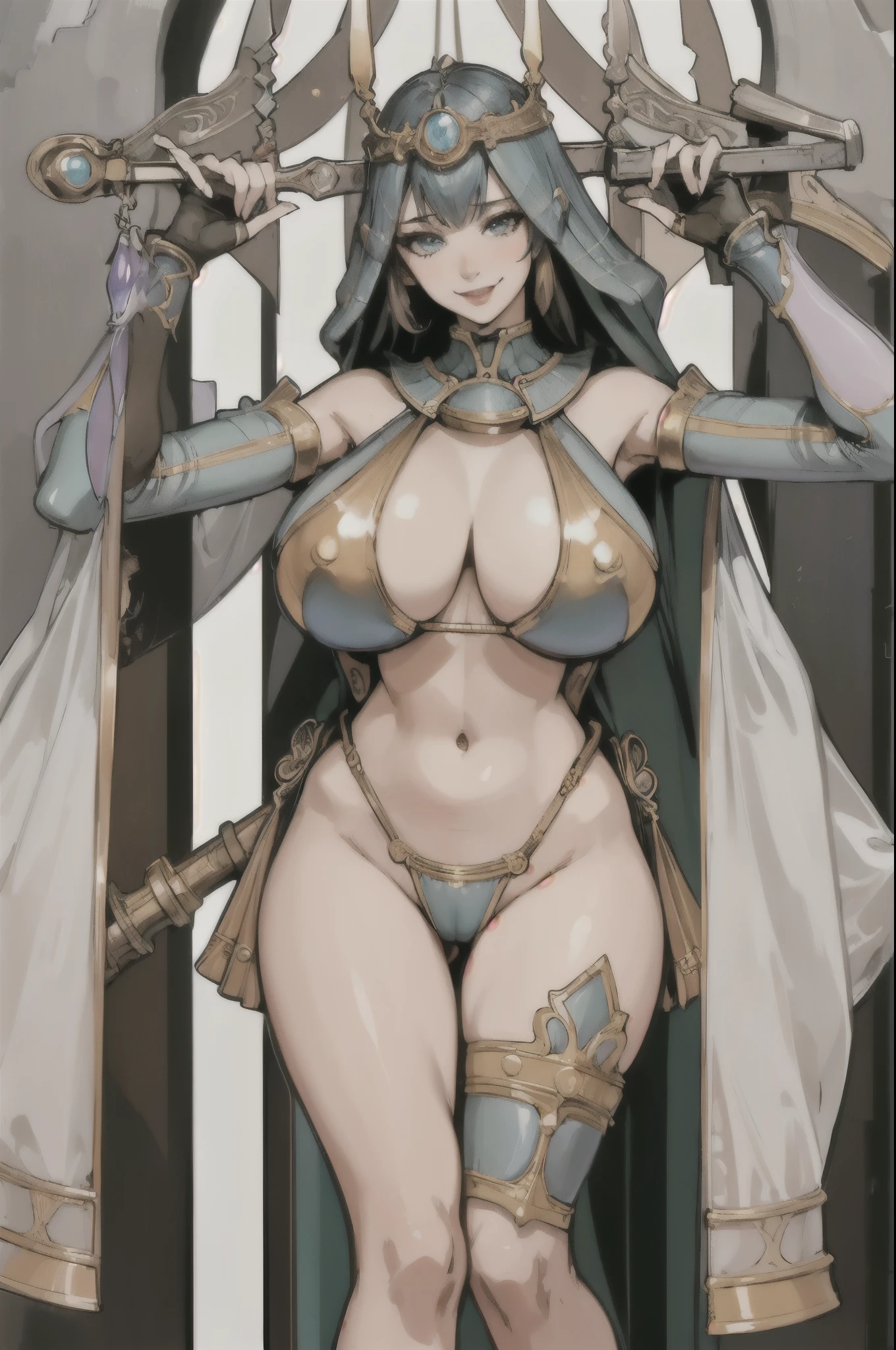 Mucha's style,Big-breasted girl with a full view of her pussy,Sexy poses,Arcaniic smile,(tape bikini)),(Mucha in the background)