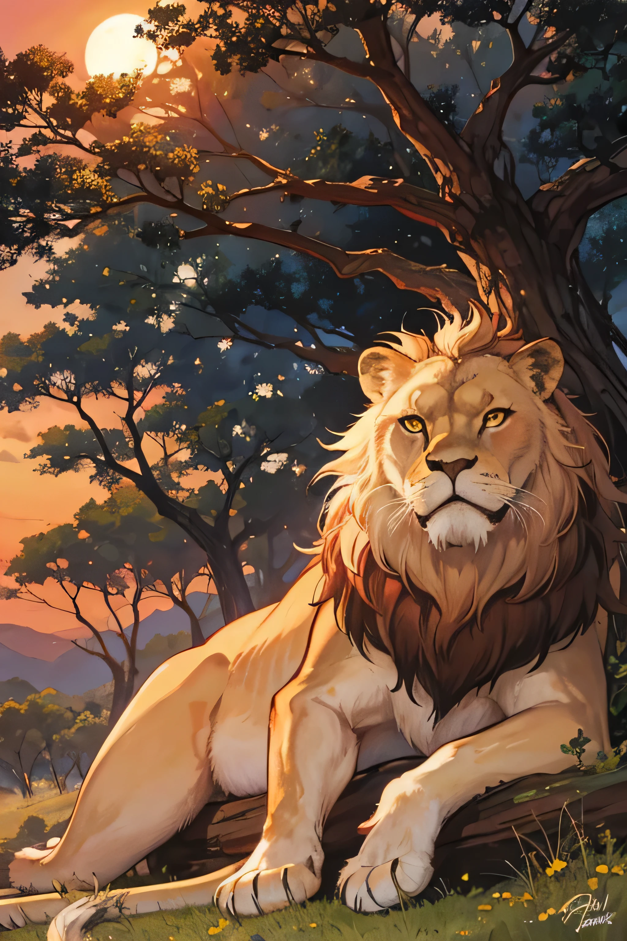 A powerful lion resting with its pride under the shade of an acacia tree on the African savannah at the night with red aura