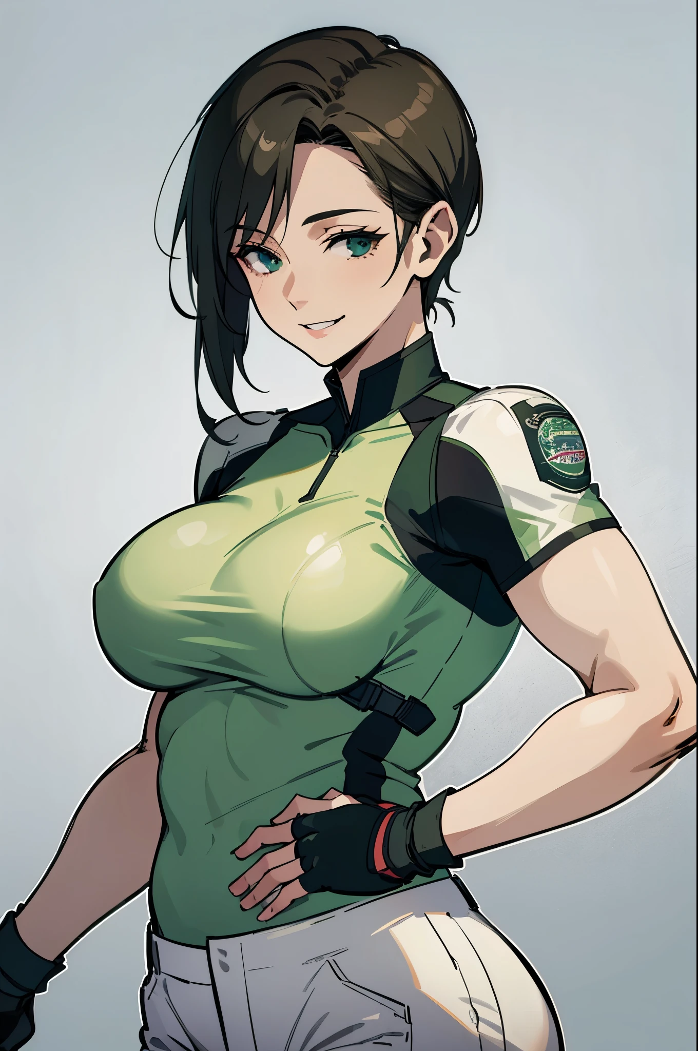 masterpiece, best quality:1.2), expressive eyes, perfect face, highres, 1 girl, solo, (mature:1.5), adult, (female:1.5), chris redfield, green taut shirt, white pants, fingerless gloves, smiling, hands to hip, standing, upper body portrait, looking at the viewer,