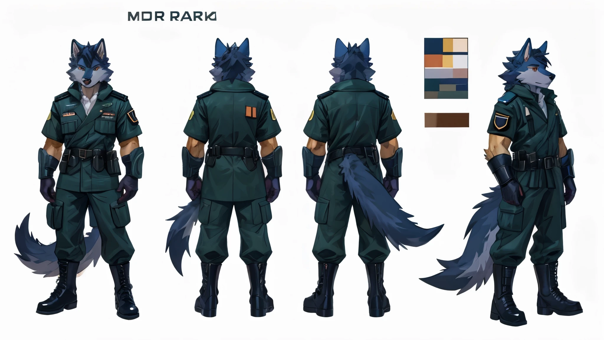 (Masterpiece, best quality), detailed, ((character concept art)), ((character design sheet, same character, front, side, back)), many items, (1man, (monstergirl, wolfboy), t-shirt, cargo pants, military boots, many parts), (light skin color:1), (brown eyes), detailed face, random expressions, (athletics & muscular physical form), (wolf features, wolf tail, wolf ears:1), black hair color, detailed hair, short military style haircut, full of details, (simple background, white background: 1.3)