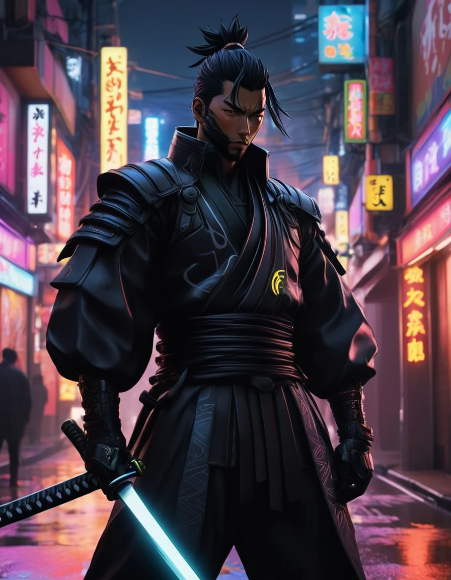 A striking image of the Neon Ronin, a futuristic black samurai clad in a neon-accented suit of armor. He stands tall with his energy-pulsating katana drawn, facing a dark, cyberpunk-inspired cityscape with towering skyscrapers and cascading neon lights. The atmosphere is a blend of traditional Japanese culture and retro-futuristic technology, with a sense of adventure and danger.