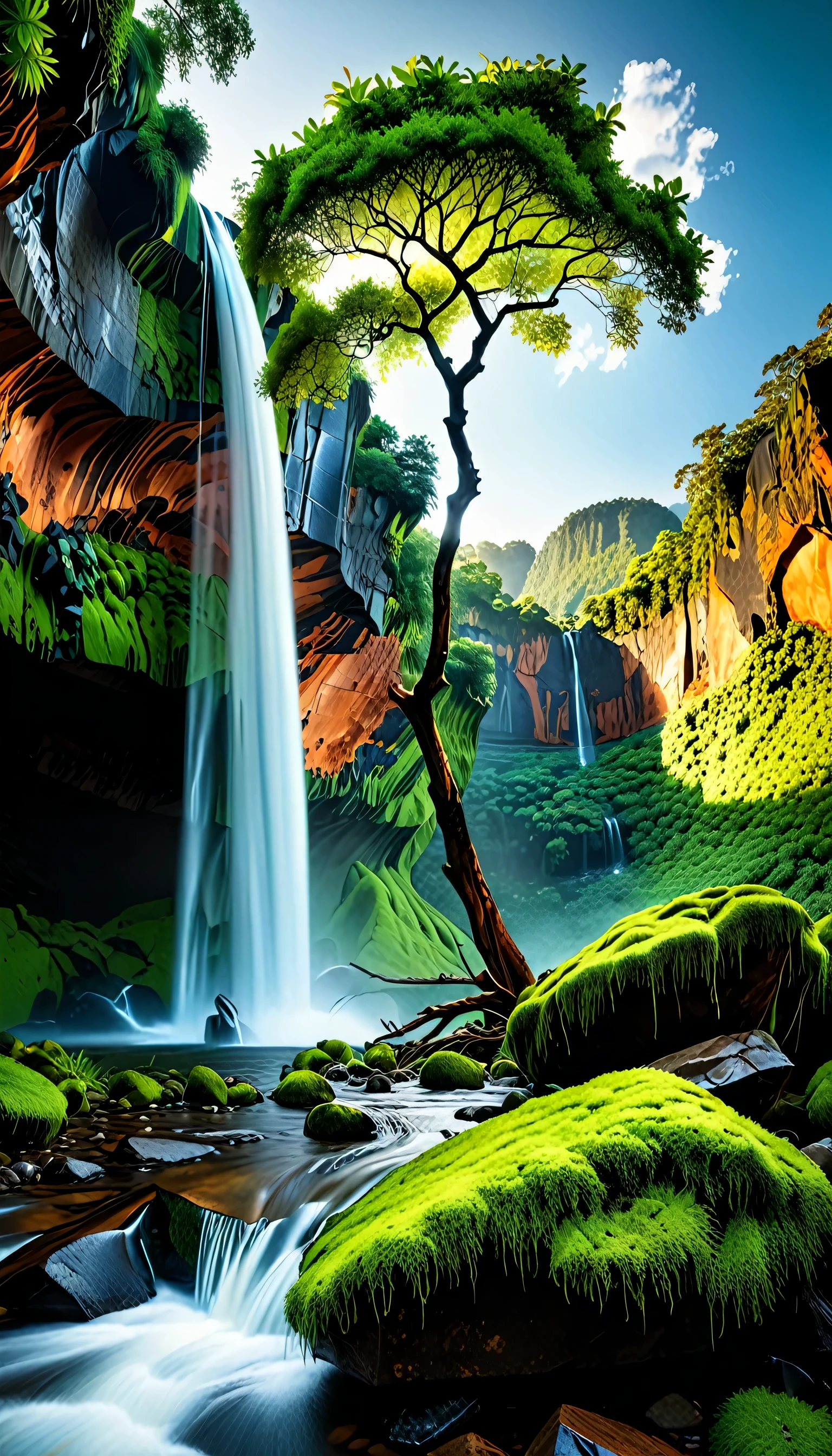 Subject: Ultra high definition landscape photograph of the Earth's grandest and most aesthetically captivating waterfall, captured in photorealistic and HDR photography. Style: The image should convey a sense of awe and inspire a deep appreciation for the natural world. Prioritize exceptional clarity, detail, and realistic lighting effects. Technical Specifications: Resolution: 8K UHD (7680 x 4320 pixels) Aspect Ratio: 16:9 Color Space: Adobe RGB Creative Vision: Capture the immense scale and breathtaking grandeur of the waterfall, emphasizing its exceptional height, width, and power. Showcase intricate details and textures of the rock formations, water droplets, and surrounding vegetation, including (((vibrant moss, algae))), and weathered surfaces. Utilize realistic and impactful lighting and shadows to create depth, emphasizing the unique surfaces of the rocks and water. Depict a vibrant and dramatic sky with contrasting and complementary colors, such as a soft sunrise with warm tones or a stormy sunset with fiery hues. Include a subtle mist or spray rising from the base of the waterfall, adding a sense of movement and raw power.(((many tiny tree))) Frame the scene strategically to showcase the waterfall as the focal point while utilizing surrounding natural elements, such as majestic mountains, lush forests, or a glistening river flowing towards the falls.(((floating rock tree))), (((ultra long shot photography)), (((zhang jia jie world heritage site))).(((hyper realistic photography)))).((( maple tree )))), (((((beautiful girls )))))playing water wearing bikini with various color