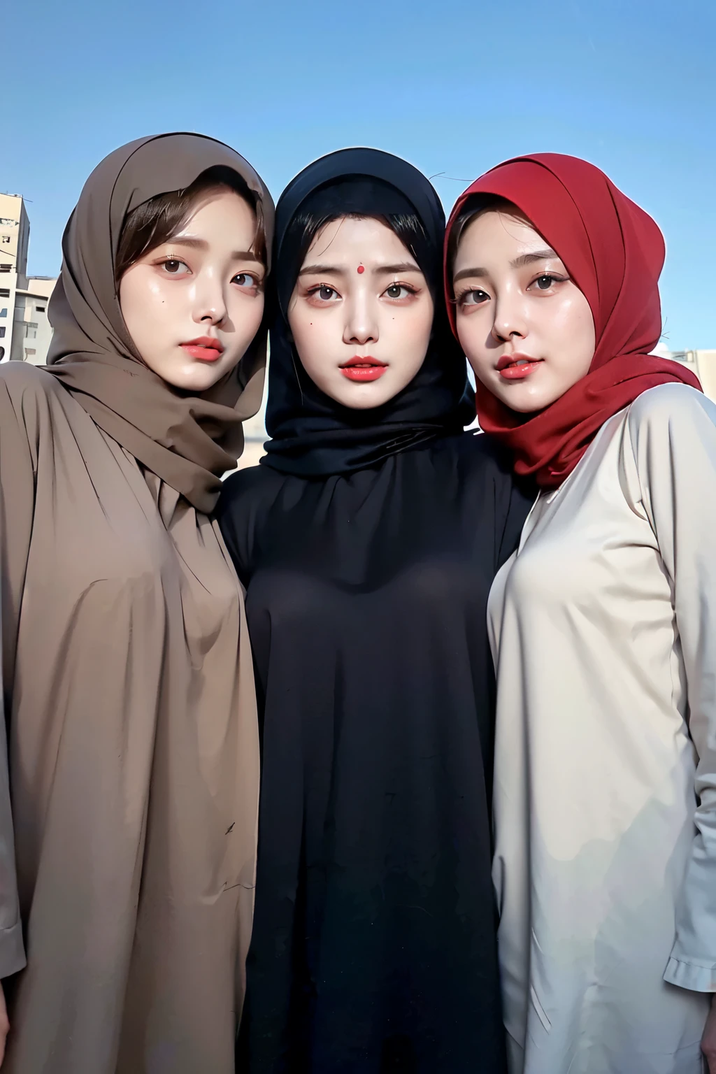 ((Best quality, 8k, Masterpiece :1.37), multiple people wear hijab, threesome standing, (three girl shijabs moslem), Beautiful face, Ultra-HD Face, Face Lighting, Lips laughed lightly, position: threesome Style standing, (close up photo), big breasts, (three girls wear hijab muslim), wear hijab muslim, (Undressing Nude figure: 1.2), small pussy, (small pussy), small pussy, Realistic Vagina:1:6, dark brown hair, tall building background, (Blue sky view, :1.1), face very detailed, detailed red lips, detailed eyes, (korean eyes), double eyelids, detailed nose, detailed legs, three girls wear hijab moslem