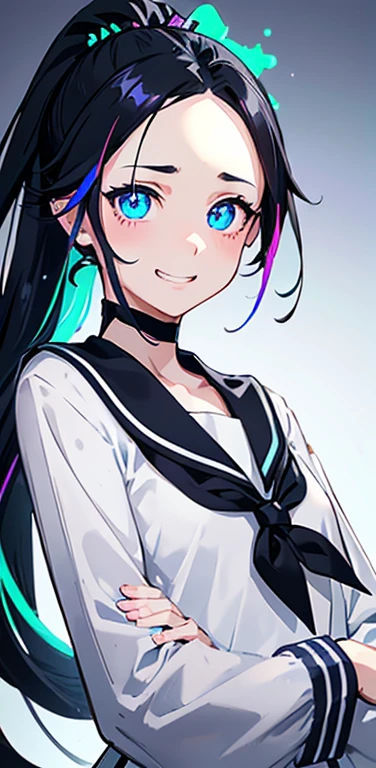 Realistic、1girl、black hair、(forehead:1.3),blue eyes、open stance,(ponytail),(eye focus:1.3,upper body),(gradient eyes:1.3), JK: 1.1,(sailor uniform
)、(grin:1.3),cute face、,(tareme:1.3),(small breasts:1.3),(colorful fluorescence background:1.5),colorful fluorescence
