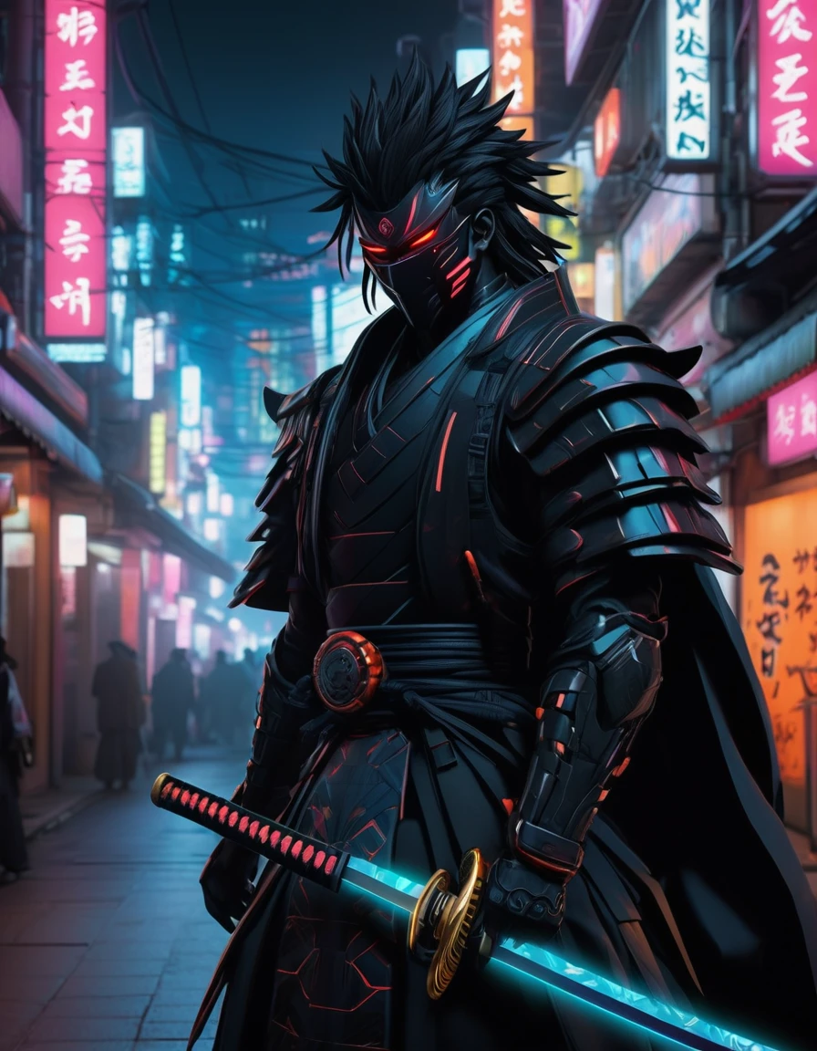 A striking image of the Neon Ronin, a futuristic black samurai clad in a neon-accented suit of armor. He stands tall with his energy-pulsating katana drawn, facing a dark, cyberpunk-inspired cityscape with towering skyscrapers and cascading neon lights. The atmosphere is a blend of traditional Japanese culture and retro-futuristic technology, with a sense of adventure and danger.