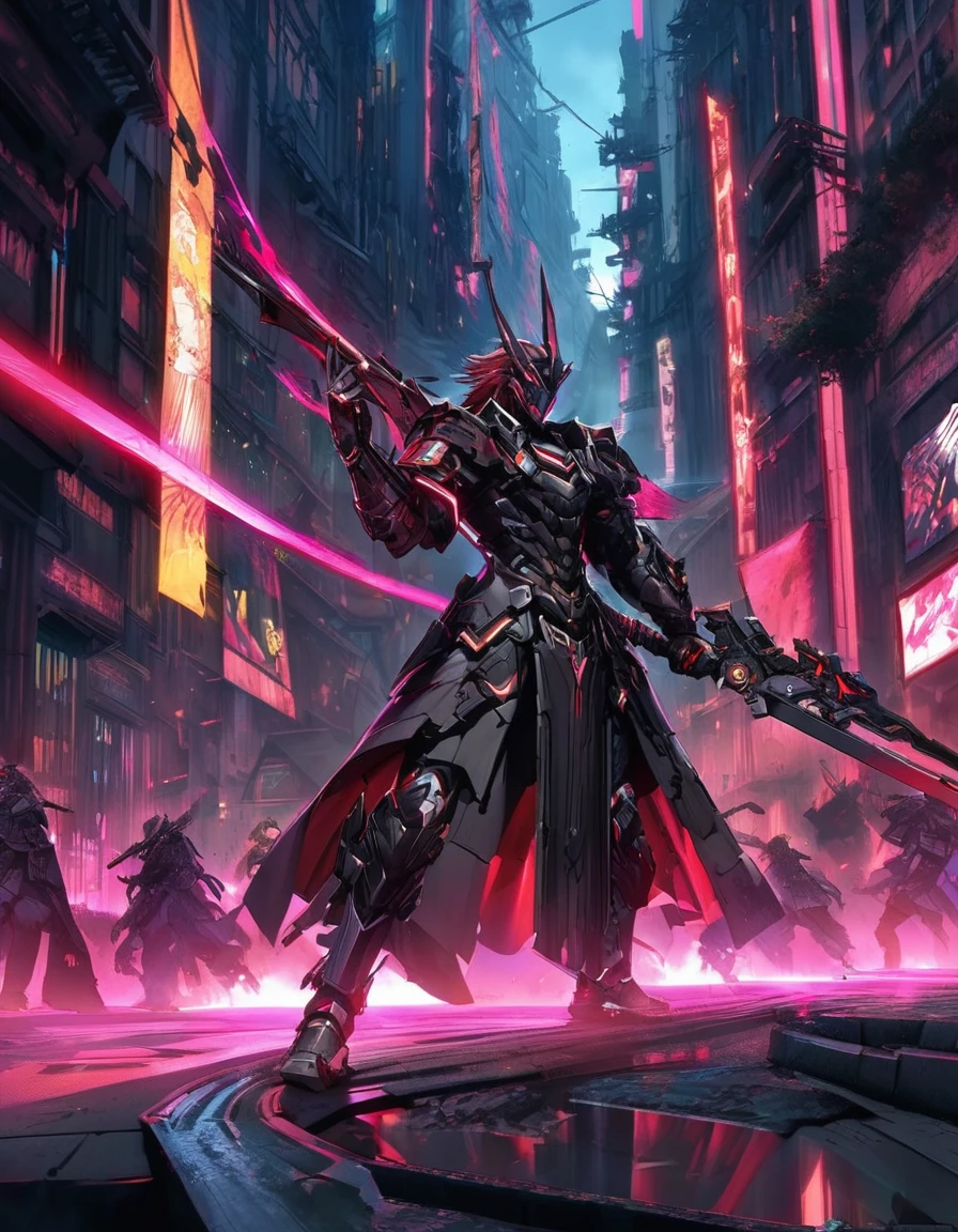 A striking image of the Neon Ronin, a futuristic black samurai clad in a neon-accented suit of armor. He stands tall with his energy-pulsating katana drawn, facing a dark, cyberpunk-inspired cityscape with towering skyscrapers and cascading neon lights. The atmosphere is a blend of traditional Japanese culture and retro-futuristic technology, with a sense of adventure and danger.