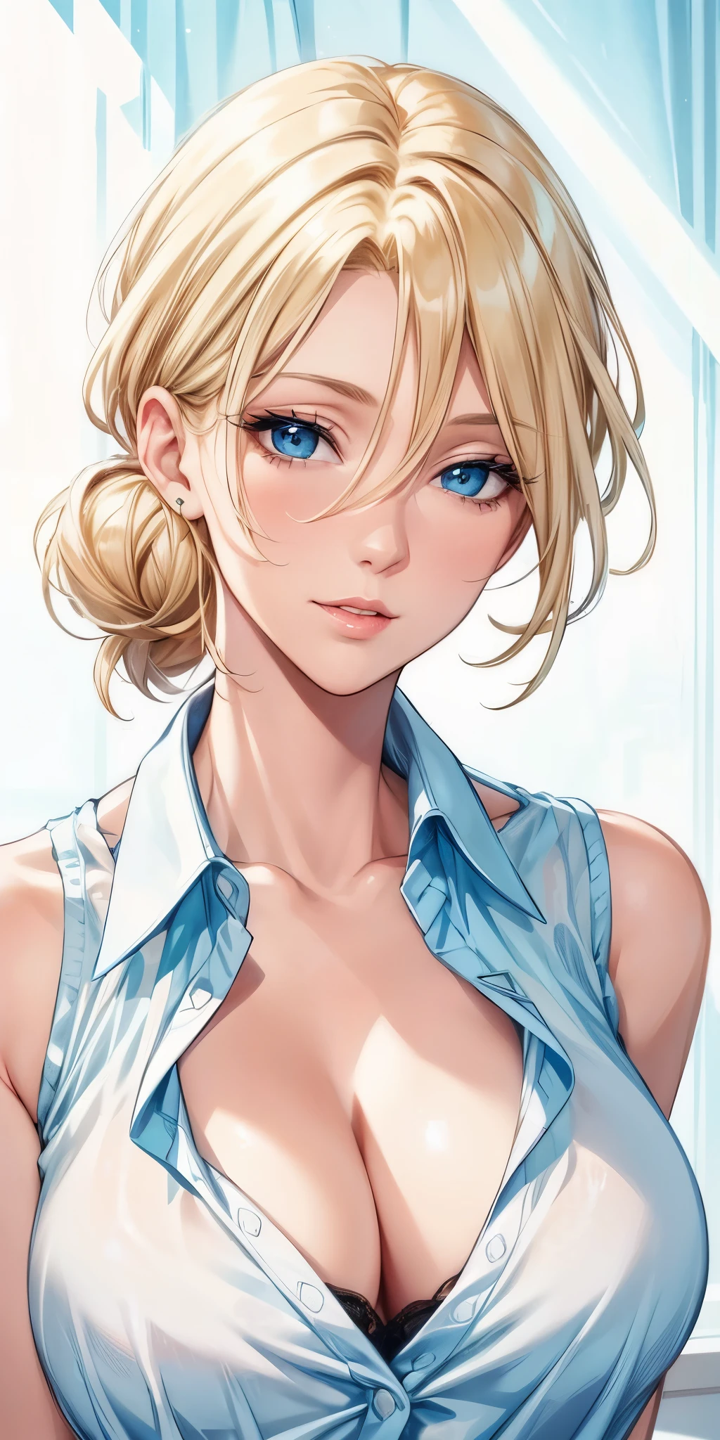 portrait, realistic, elegant mature woman, blue eyes, blonde hair, big breast, see through nipple, 4k resolution, beautiful cg, soft light