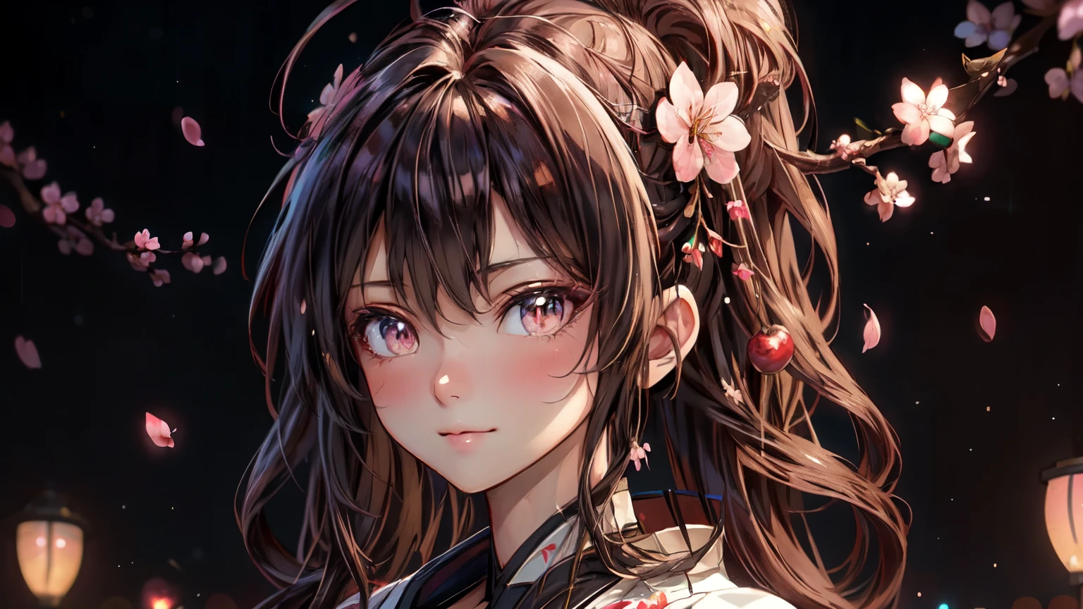 ((Best quality)), ((Meisterwerk)), (detailliert), perfektes Gesicht, hot sexy cute anime girl, long hair, cherry blossom background, nacht mit sternenhimmel, andere dimension, galaxien, ultra details, nice background, extreme beauty, schmuck