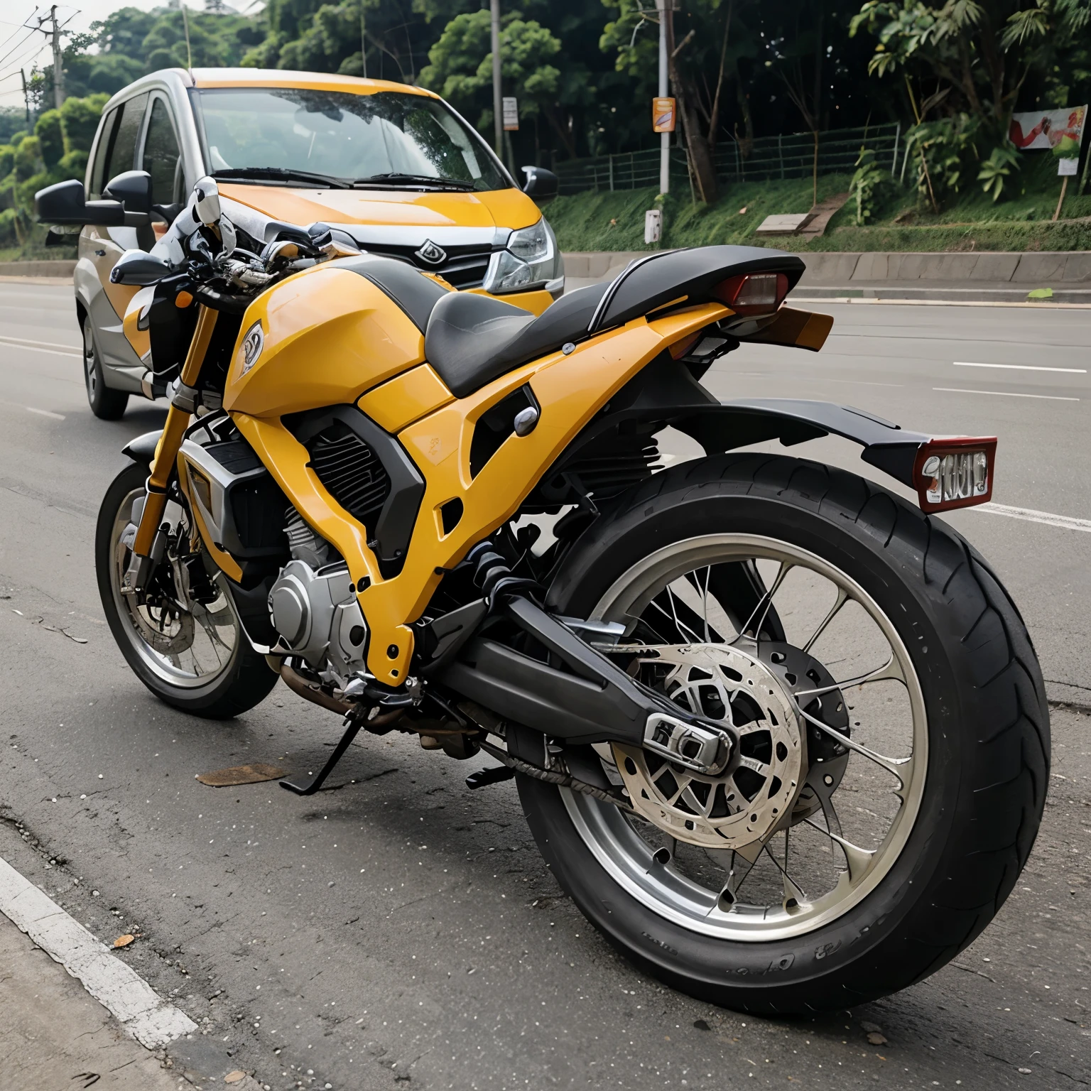 Buatkan kartun seorang pria naik motor di jalan raya memakai kaos partai Hanura