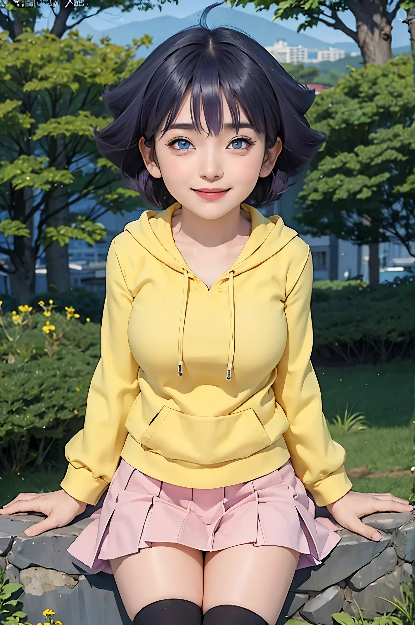 1girl, himawari anime naruto shipudden, short hair , purple hair, blue eyes, beautiful, Yellow clothes open at the breasts , smile, realistic clothes, detail clothes, city background, ultra detail, realistic