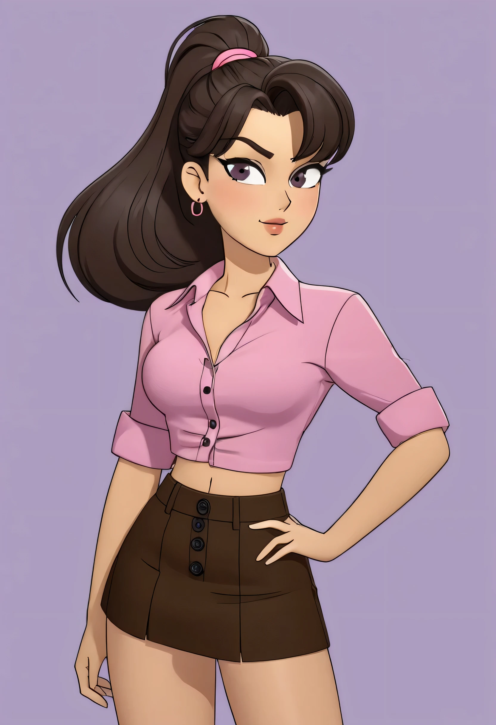 Sexy girl with big breasts and brown eyes and hair tied up in a brown ponytail. She dresses in a pink button-down blouse and shows her navel from below. She wears a violet skirt and is wearing a black sneaker.