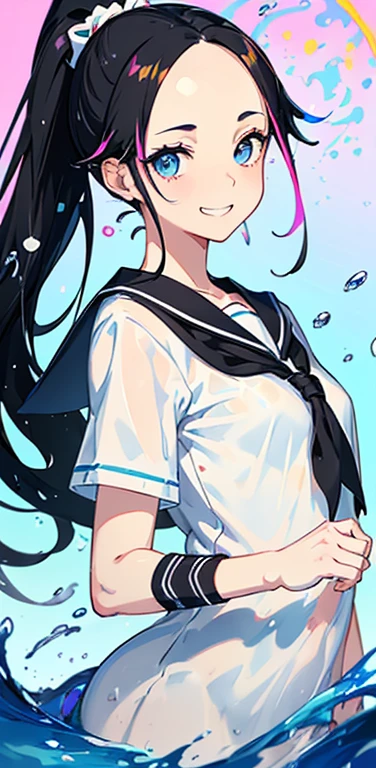 Realistic、1girl、black hair、(forehead:1.3),blue eyes、open stance,(ponytail),(eye focus:1.3,upper body),(gradient eyes:1.3), JK: 1.1,(sailor uniform
)、(grin:1.3),cute face、,(tareme:1.3),(small breasts:1.3),(colorful splash background:1.5),colorful splash
