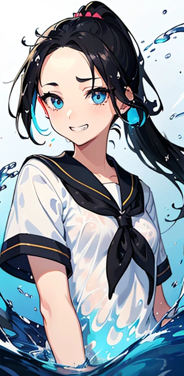 Realistic、1girl、black hair、(forehead:1.3),blue eyes、open stance,(ponytail),(eye focus:1.3,upper body),(gradient eyes:1.3), JK: 1.1,(sailor uniform
)、(grin:1.3),cute face、,(tareme:1.3),(small breasts:1.3),(colorful splash background:1.5),colorful splash
