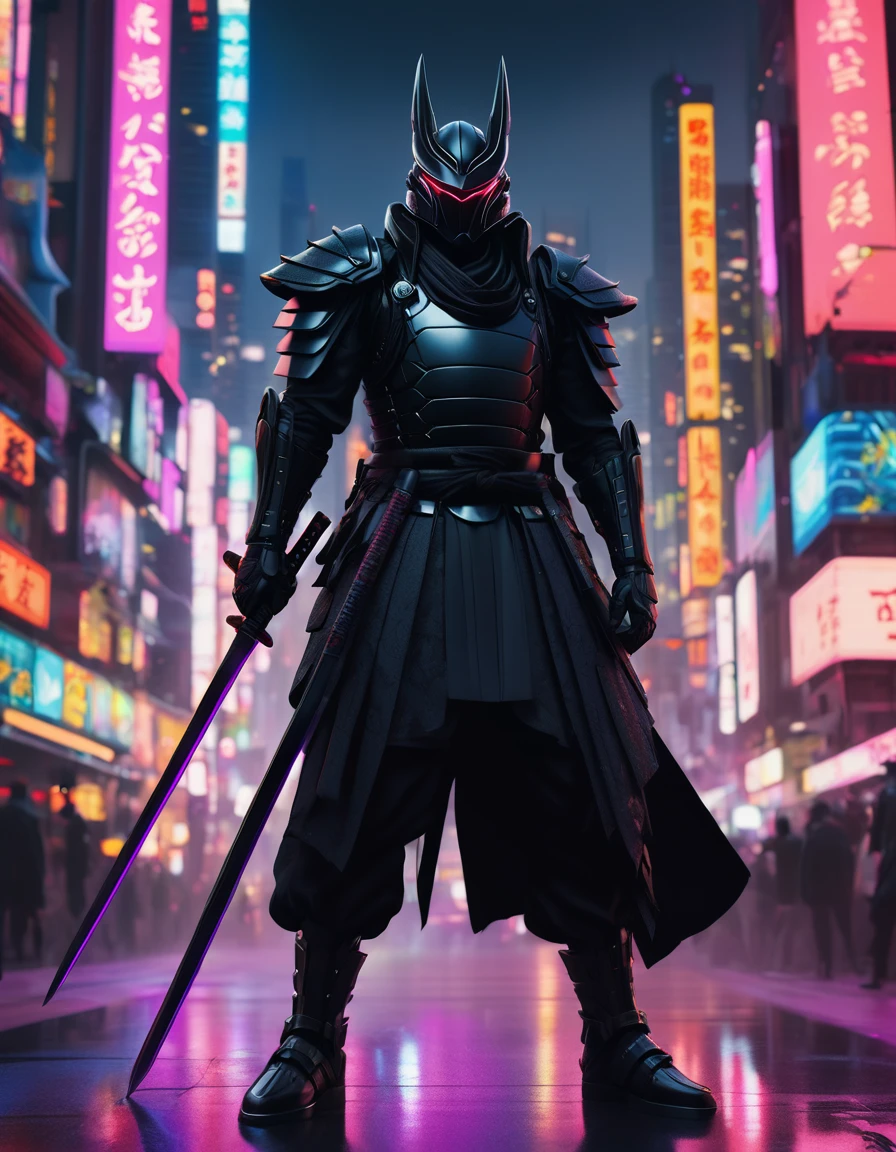 A striking image of the Neon Ronin, a futuristic black samurai clad in a neon-accented suit of armor. He stands tall with his energy-pulsating katana drawn, facing a dark, cyberpunk-inspired cityscape with towering skyscrapers and cascading neon lights. The atmosphere is a blend of traditional Japanese culture and retro-futuristic technology, with a sense of adventure and danger.