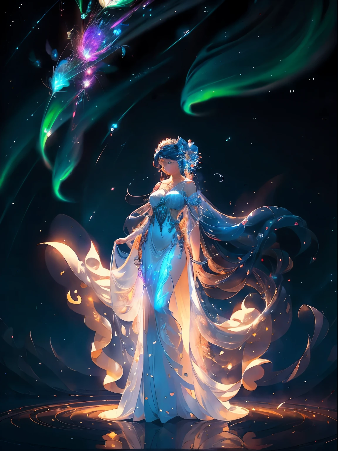 Picture a breathtaking scene of Venus, the goddess of love and beauty, gracefully standing in the foreground against an awe-inspiring aurora sky. The background is filled with a mesmerizing display of cascading, colorful sparks, which seem to dance in the wind. Falling white feathers add to the ethereal beauty of the moment. The wind blows gently through her loose, golden hair, causing it to flow gracefully around her elegant and slender form.

Venus dons a transparent silk toga that clings to her ultra-detailed, shining skin, revealing every intricacy. Her face is a masterpiece, with the most beautiful and
