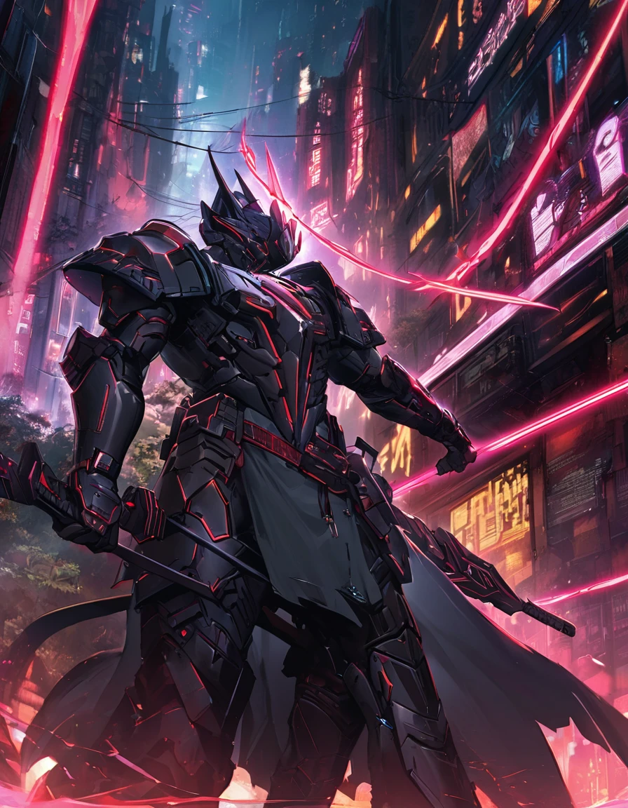A striking image of the Neon Ronin, a futuristic black samurai clad in a neon-accented suit of armor. He stands tall with his energy-pulsating katana drawn, facing a dark, cyberpunk-inspired cityscape with towering skyscrapers and cascading neon lights. The atmosphere is a blend of traditional Japanese culture and retro-futuristic technology, with a sense of adventure and danger.
