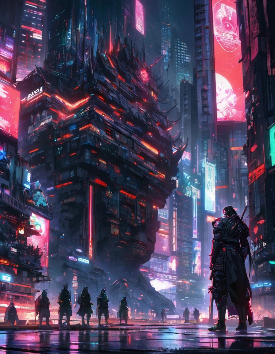 A captivating illustration of Kurogane, the Japanese black samurai, standing tall amidst the neon-lit streets of a futuristic, dystopian cityscape. His sleek ebony armor is adorned with neon accents, and he wields a plasma katana with expert precision. The background reveals a gritty urban landscape with towering skyscrapers and holographic advertisements. The overall atmosphere is a blend of cyberpunk and samurai aesthetics, with a sense of honor and justice prevailing in the face of chaos and uncertainty.