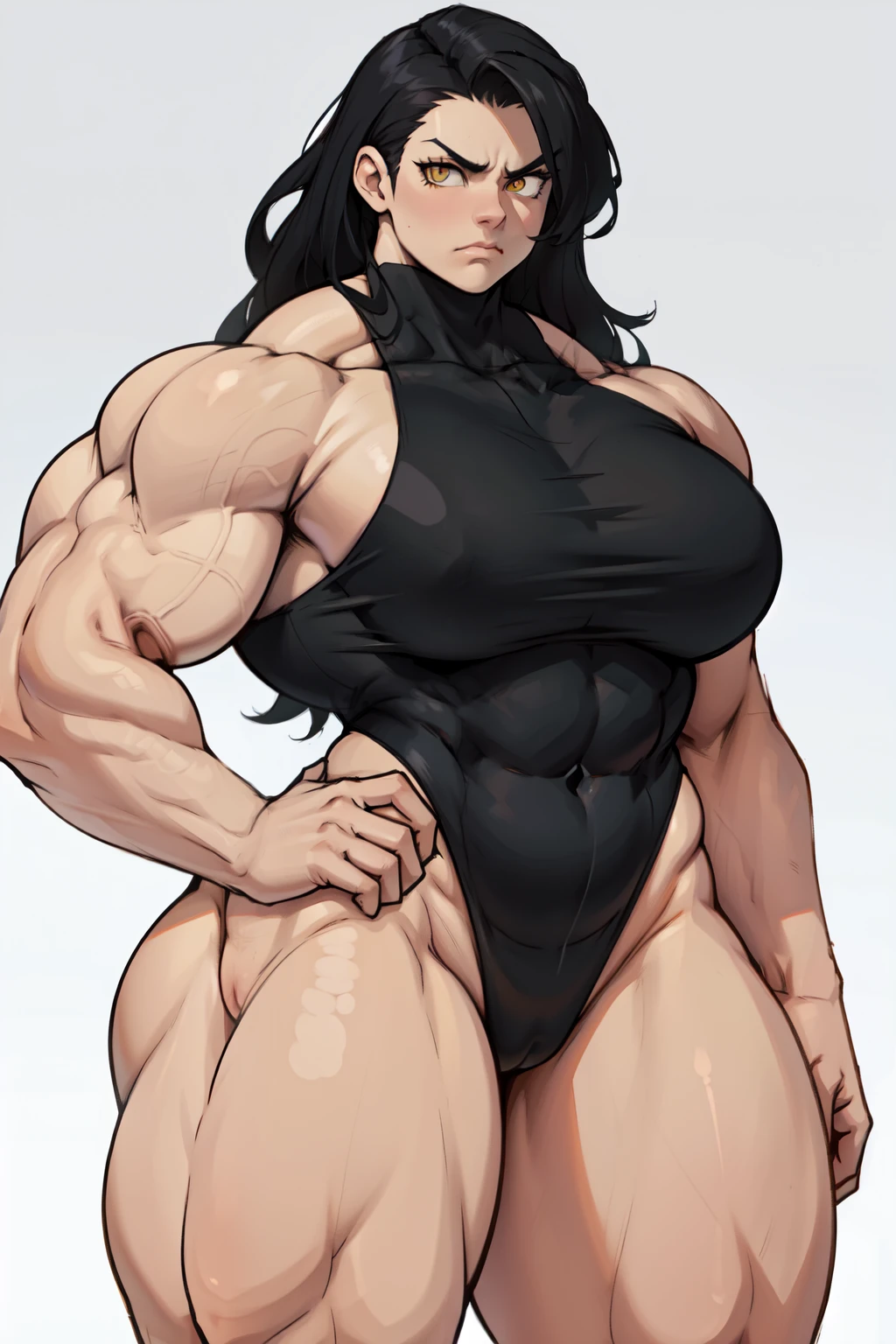 voluptuous wide hips curvy thick thighs muscular toned body muscles fit girl bodybuilder black hair yellow eyes pale skin very long hair sad frown