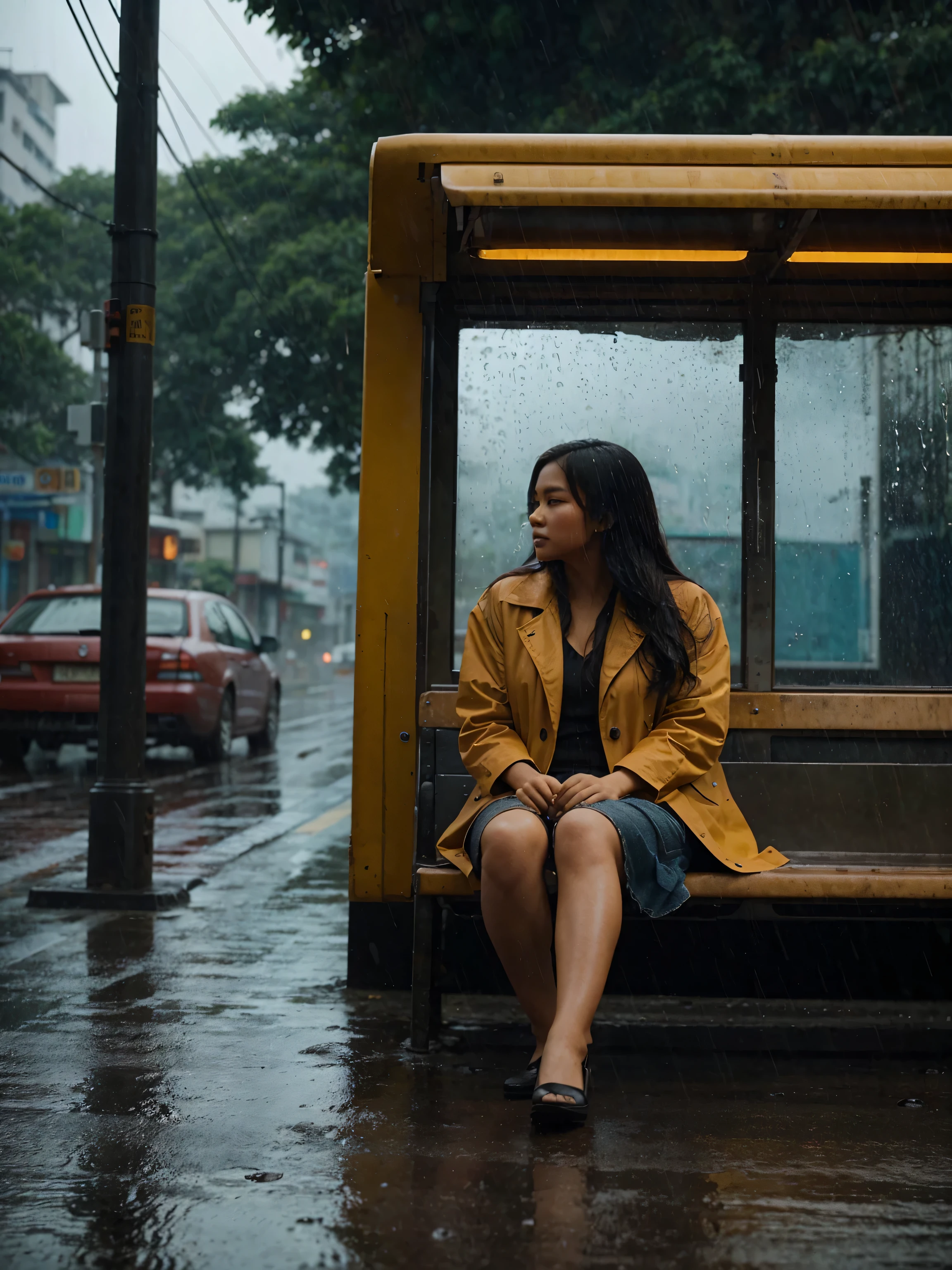 beautiful indonesian woman Sitting at the covered bus stop looking at the road ahead. Rain sprinkle on the street. photography and light art style, cinematic,hyper realistic, very detailed,