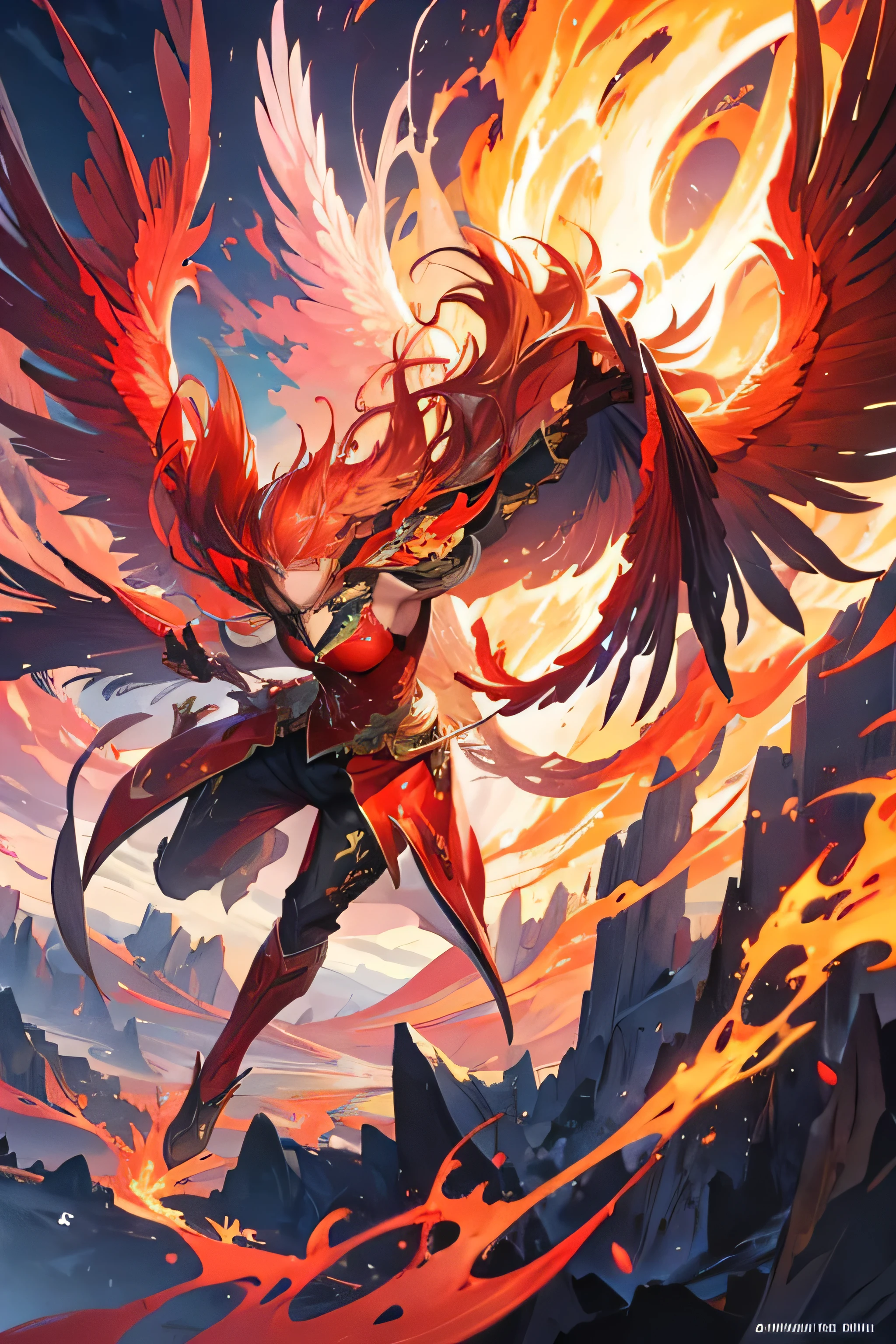 
                      ( perfect anatomy ) a mythical phoenix bird, feathers of fire, spreading sparks, wings ablaze, flying through chaos, ethereal and divine, photorealistic, 8k, hyper detailed, dramatic lighting, vibrant colors, surreal and abstract, fiery holographic effects, dynamic movement(Open your big glowing wings)

                 Phoenix knight, Phoenix knight armor