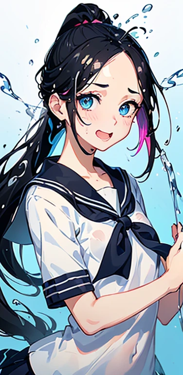 Realistic、1girl、black hair、(forehead:1.3),blue eyes、open stance,(ponytail),(eye focus:1.3,upper body),(gradient eyes:1.3), JK: 1.1,(sailor uniform
)、(Open your mouth and laugh out loud:1.3),cute face、,(tareme:1.3),(small breasts:1.3),(colorful splash background:1.5),colorful splash