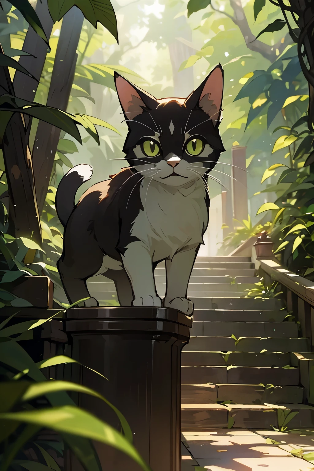 An adorable cat discovered a hidden passage in the lush bush, its curious eyes fixated on the mysterious craft before it. The sun streamed through the foliage, casting dappled light on the cat's sleek fur as it carefully inspected the entrance. The passage was covered in vines and intricately woven branches, appearing to be the work of some skilled paw.
The cat, with its whiskers twitching in excitement, took a hesitant step towards the passage. Its ears perked up as it listened intently for any signs of danger, or perhaps an adventure waiting on the other side. The cat's tail swished back and forth with anticipation, working up