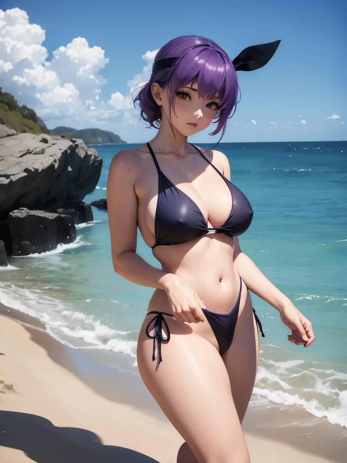 	
3d,areolae,beach,breasts,female,headband,looking at viewer,nipples,ocean,one-piece swimsuit,purple hair,red eyes,solo,standing,swimsuit,thighs,topless