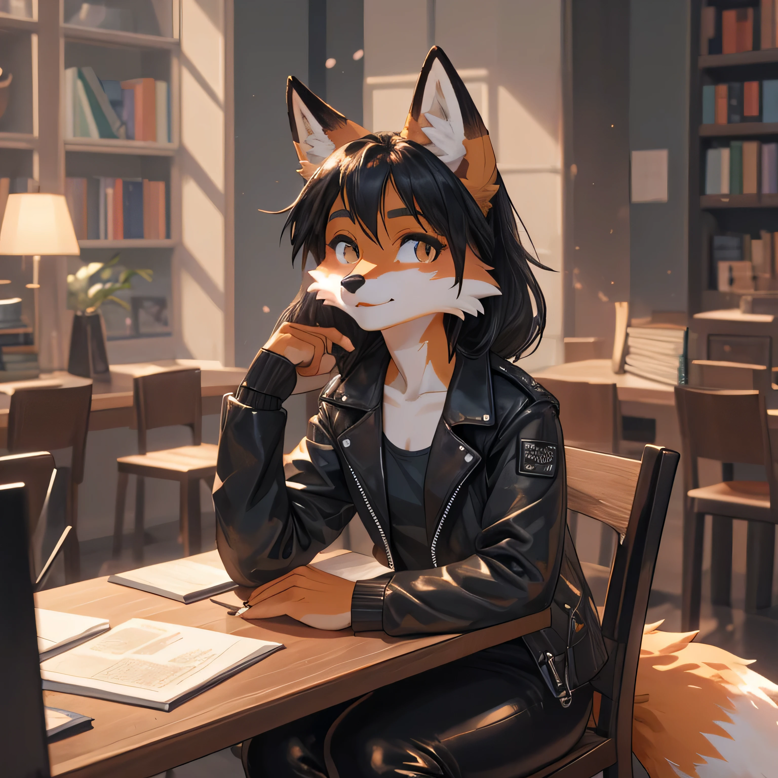Furry girl, fox ears, black leather leggings, black leather jacket, white shirt, uwu face, sitting behind table with books, , small breasts