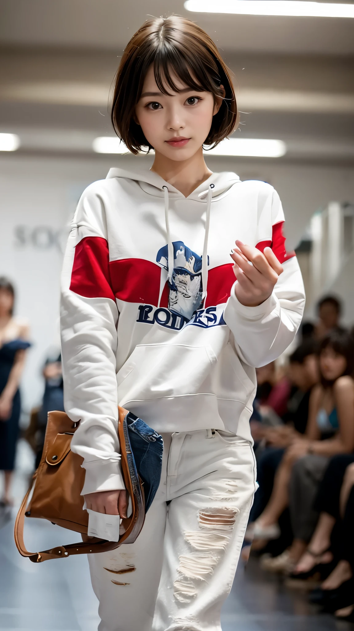 white hoodie、denim jeans
