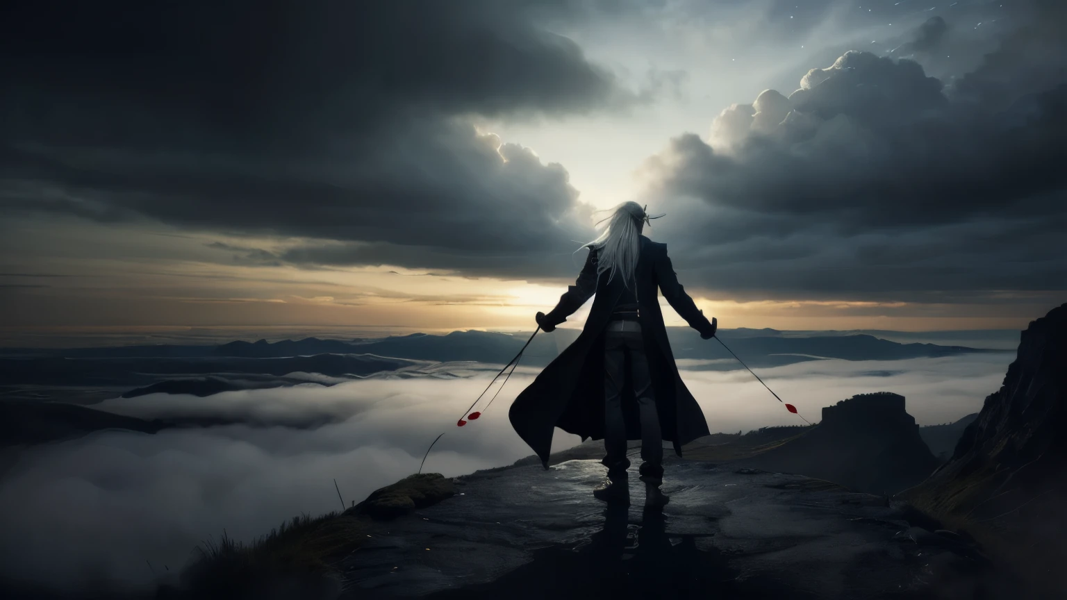 ((best quality)), ((masterpiece)), (detailed), solo, long white hair, dynamic pose, low lighting, night, dark, clouds, mist, depressive mood, fantasy, lonely, young man, blood