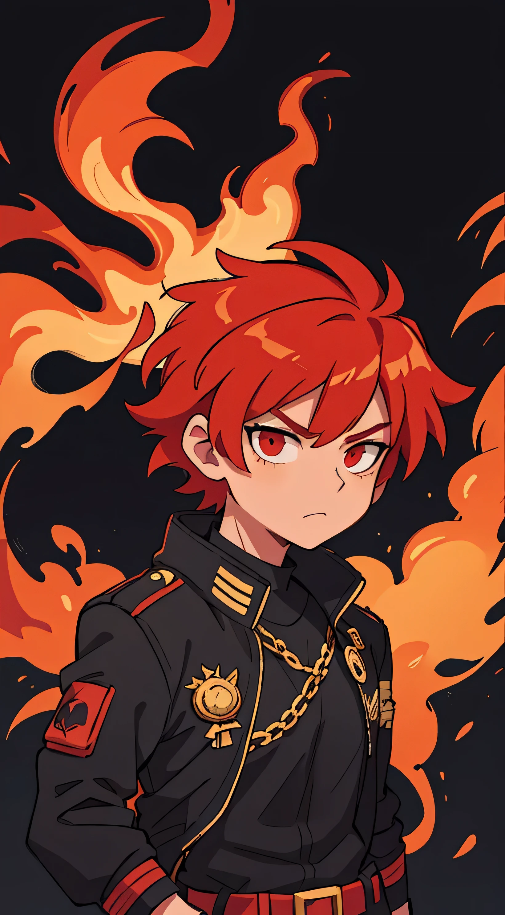 male, red hair wearing a black jacket, surrounded by flames, black and gold background
