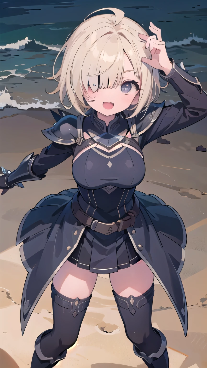 (masterpiece:1.2), (highest quality:1.2), perfect eyes, perfect face, perfect lighting, middle ages, sandy beach, 1 boy,blonde red eye, ((((((hair over one eye)))))), Braid Styles, spiked hair, blunt bangs, bob hair, a braid, Ahoge, cute eyes, medium breast, glaring, open mouth, ((from above)), ((front)), ((from below)), arms behind back, orgasm, scared, ahegao, smile+happy, fang, Thighhighs, greaves, boots, big breasts, dark knight armor