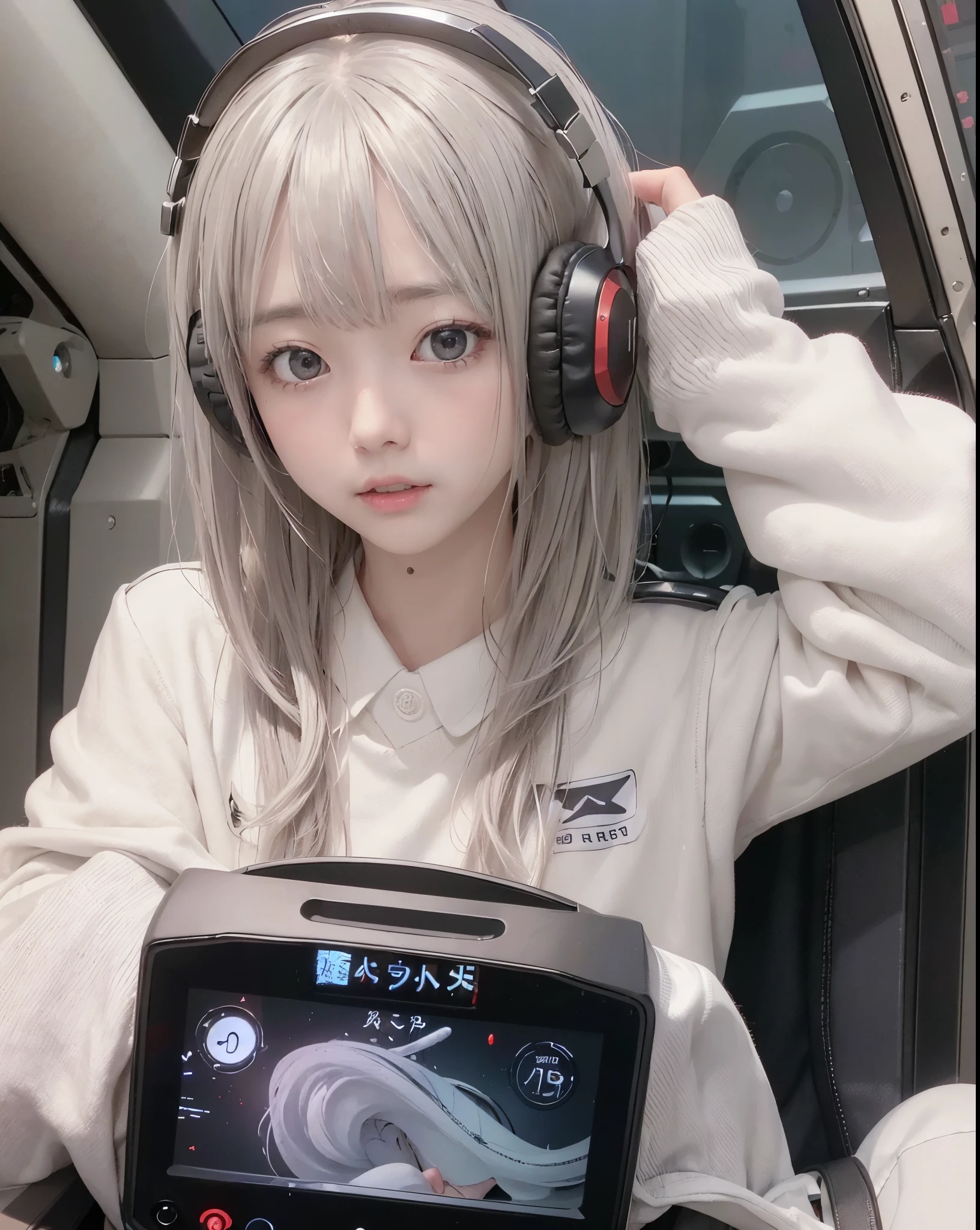 宇宙のWith background:1.5、最high quality、best image quality、masterpiece、with a girl((white suit、18-year-old、 Agar、cute、,beautiful shining gray eyes,great valley、 messy silver hair、long hair、Slender,headphones、Sit in the cockpit、lonely face、anxious face、control stickを握る)),high quality、beautiful art、With background((cockpit、control stick,Warning screen、red light nast piece,))、Depth of the bounds written,cinematic style